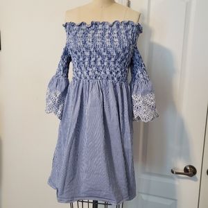 TED BAKER NOAAH Blue And White Smocked Off Shoulder Embroidered Striped …